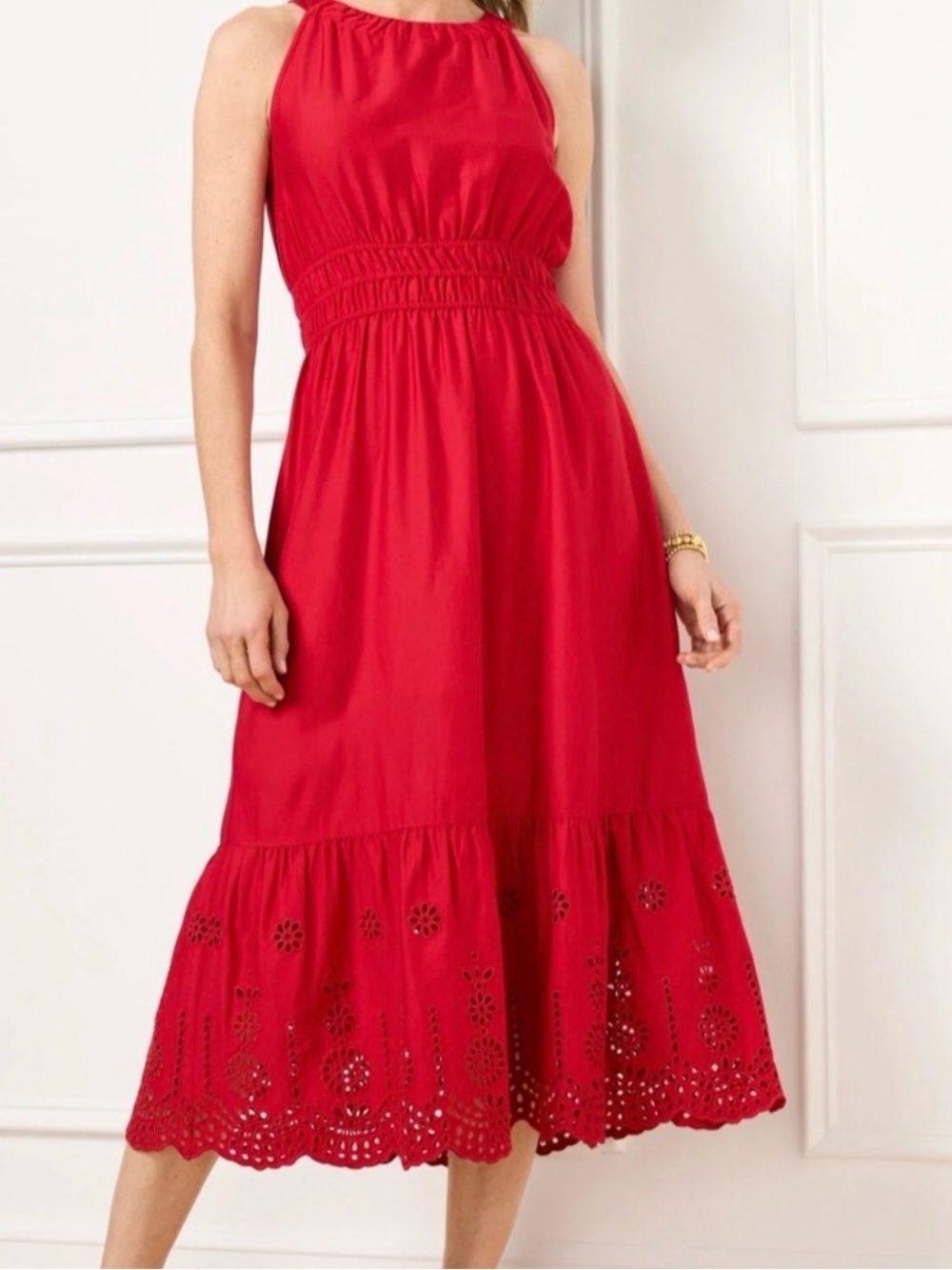 Talbots Red Halter-Neck Eyelet-Hem Midi Dress